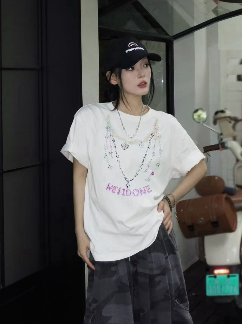 White Graphic Chain Pendant T-Shirt with Purple Lettering