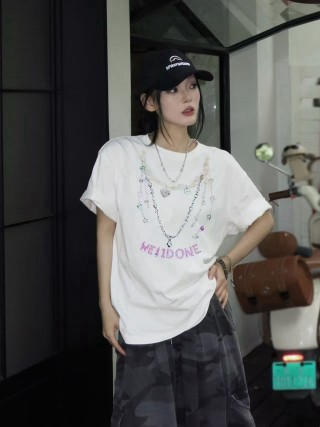 White Graphic Chain Pendant T-Shirt with Purple Lettering