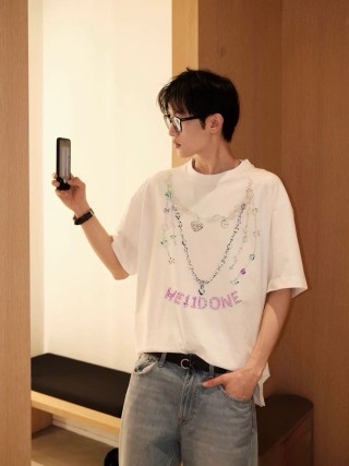 White Graphic Chain Pendant T-Shirt with Purple Lettering view 2
