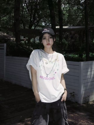 White Graphic Chain Pendant T-Shirt with Purple Lettering view 3