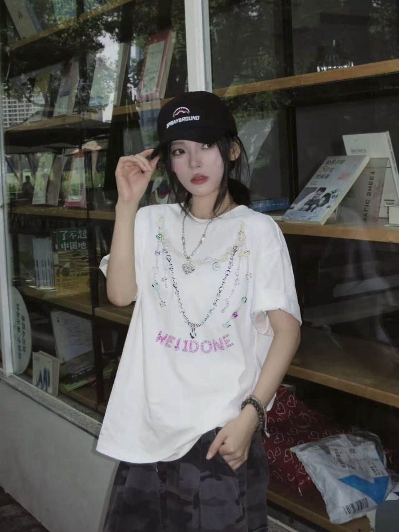 White Graphic Chain Pendant T-Shirt with Purple Lettering view