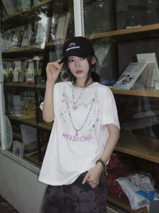 White Graphic Chain Pendant T-Shirt with Purple Lettering view 4