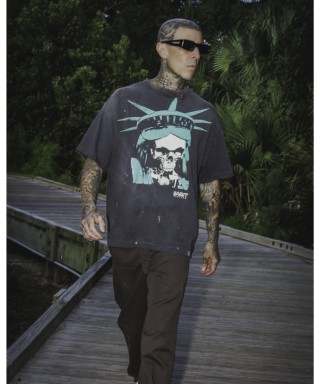 Statue Liberty Skull Graphic Black Short Sleeve T-Shirt view 3