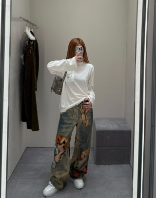 Cream Pocket Long Sleeve Tee with Graphic Print view 2