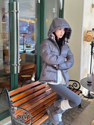 Grey Puffer Down Jacket with Hood