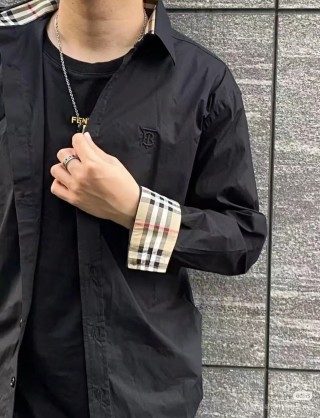 Burberry Black Button-Up Shirt with Check Cuff Detail view 5