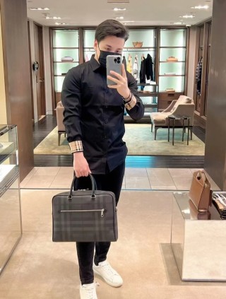 Burberry Black Button-Up Shirt with Check Cuff Detail view 7