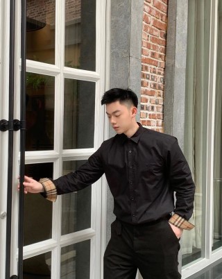 Burberry Black Button-Up Shirt with Check Cuff Detail view 8