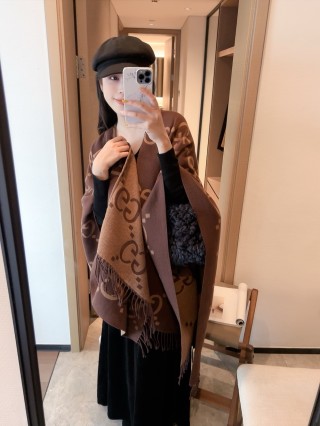 Gucci GG Monogram Wool Cape Scarf Brown view 11