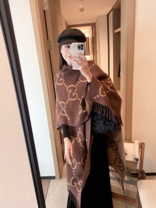 Gucci GG Monogram Wool Cape Scarf Brown view 3