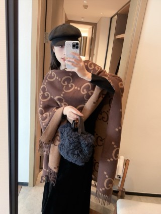 Gucci GG Monogram Wool Cape Scarf Brown view 7