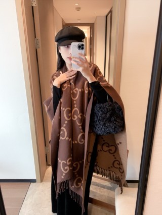 Gucci GG Monogram Wool Cape Scarf Brown view 10