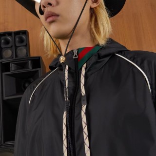 Gucci Black Nylon Hooded Jacket with Web Stripe