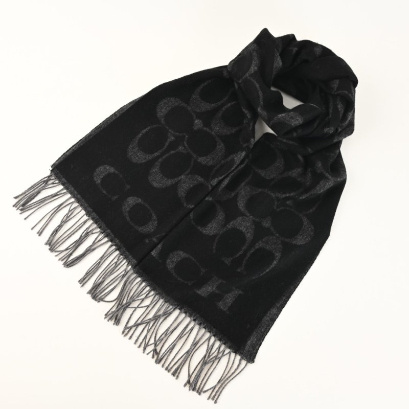 Coach Black Wool Cashmere Blend Scarf with Monogram Pattern