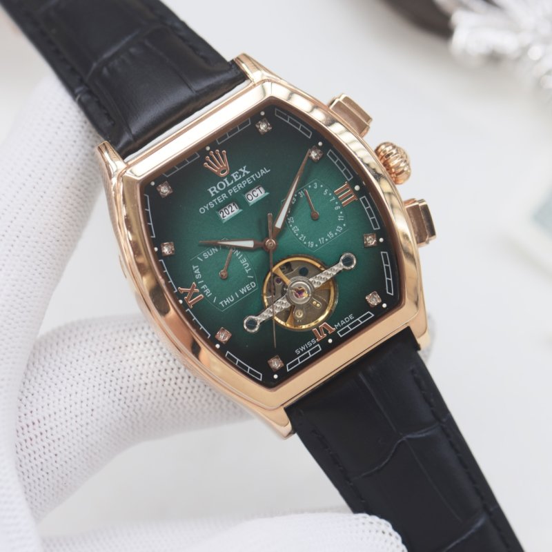 Rolex Perpetual Gold Tonneau Watch - Brown Leather view