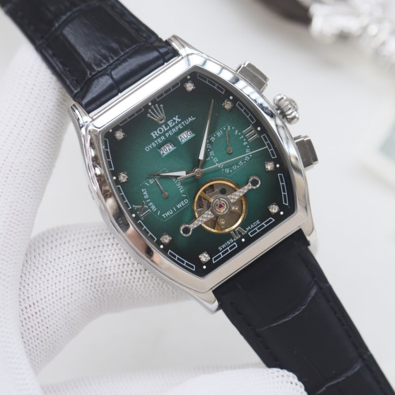 Rolex Perpetual Gold Tonneau Watch - Brown Leather view