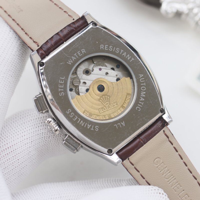 Rolex Perpetual Gold Tonneau Watch - Brown Leather view