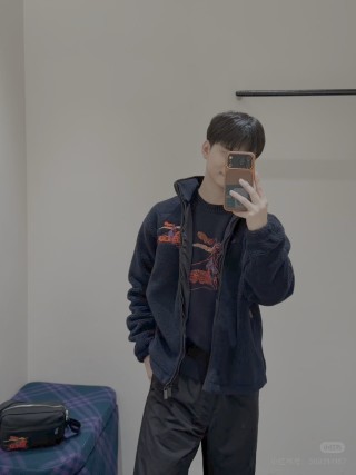 Navy Fleece Zip Jacket with Red Graphic Print view 4