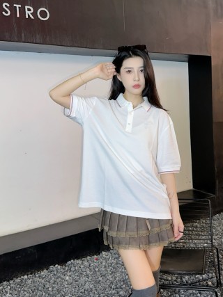 Women's White Polo Shirt with Striped Trim
