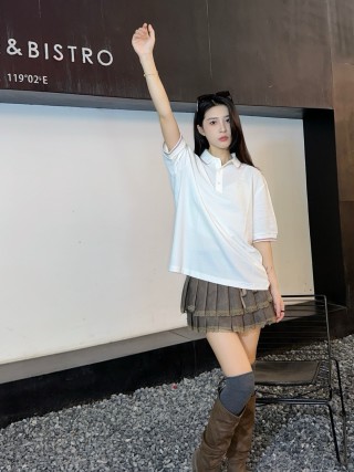 Women's White Polo Shirt with Striped Trim view 2