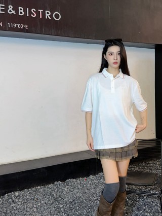 Women's White Polo Shirt with Striped Trim view 5