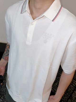 Women's White Polo Shirt with Striped Trim view 6