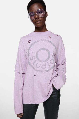 Gucci Distressed Logo Long Sleeve T-Shirt Lavender view 3