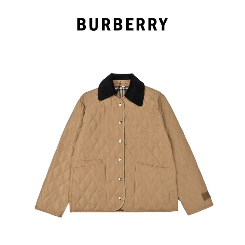 Burberry Quilted Camel Jacket with Plaid Cuff Detail view