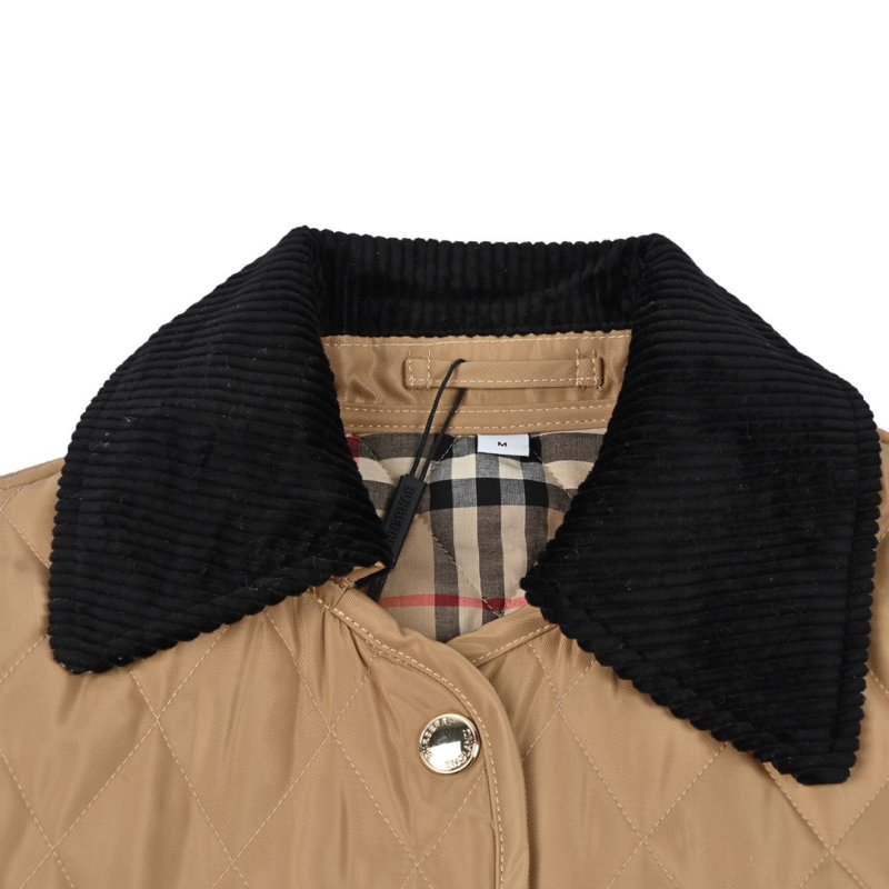 Burberry Quilted Camel Jacket with Plaid Cuff Detail view