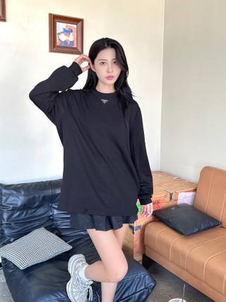 Prada Black Long Sleeve Triangle Logo T-Shirt view 3