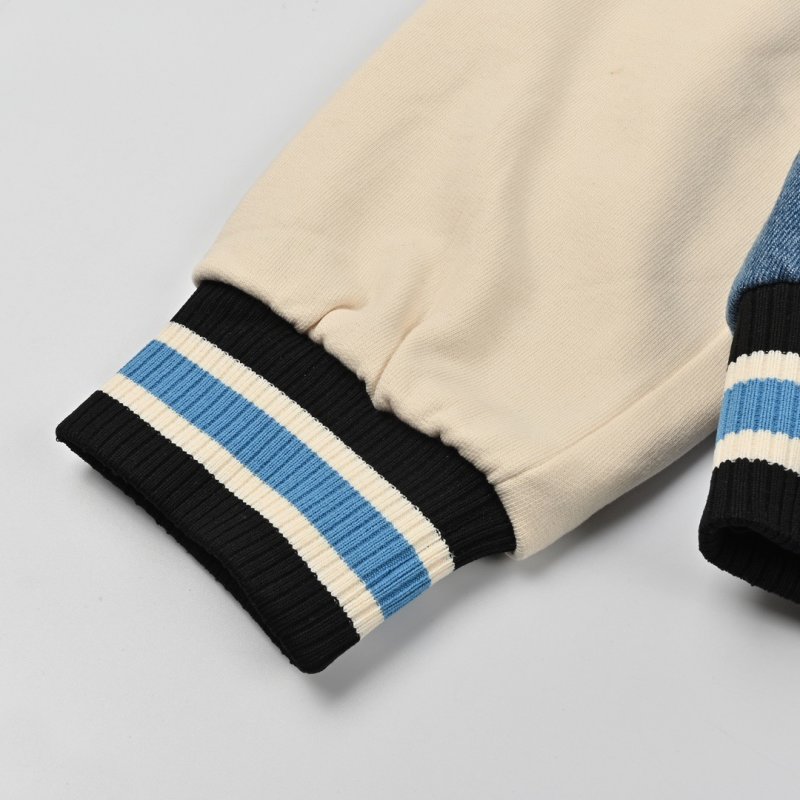 Blue Denim Varsity Jacket with Cream Sleeves view