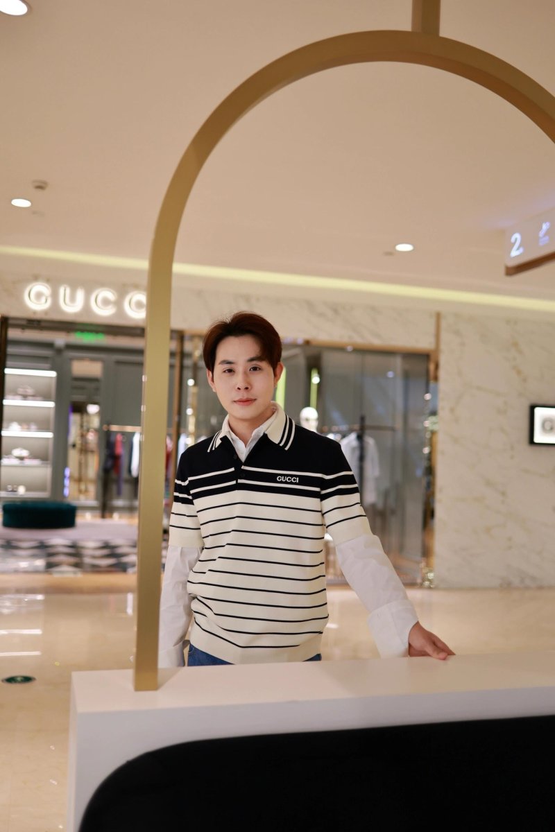 Gucci Striped Jacquard Polo Shirt Navy & White view
