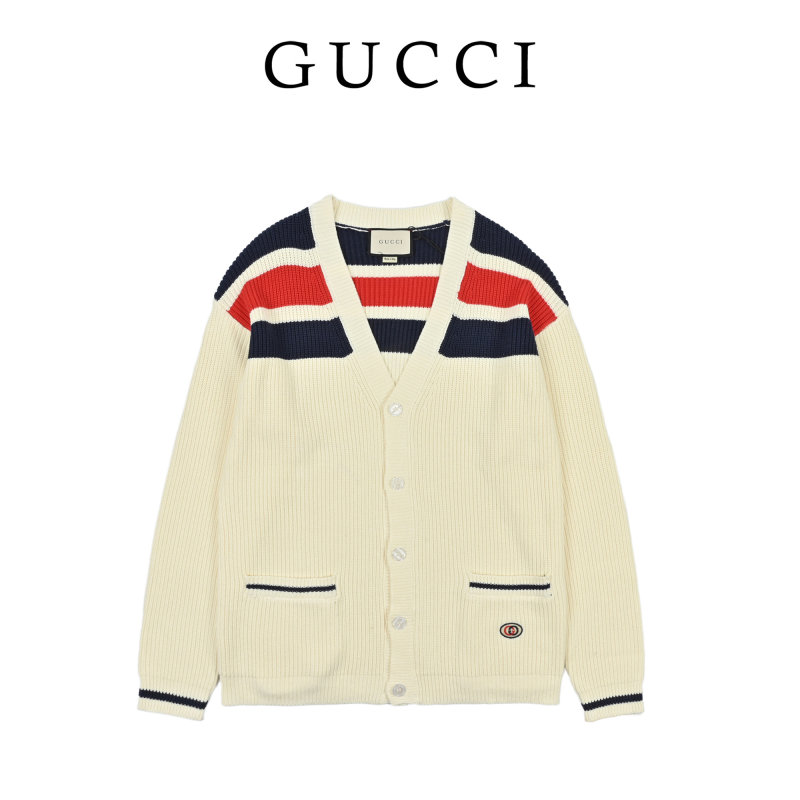 Gucci Cream Wool Cardigan with Red & Navy Stripes view