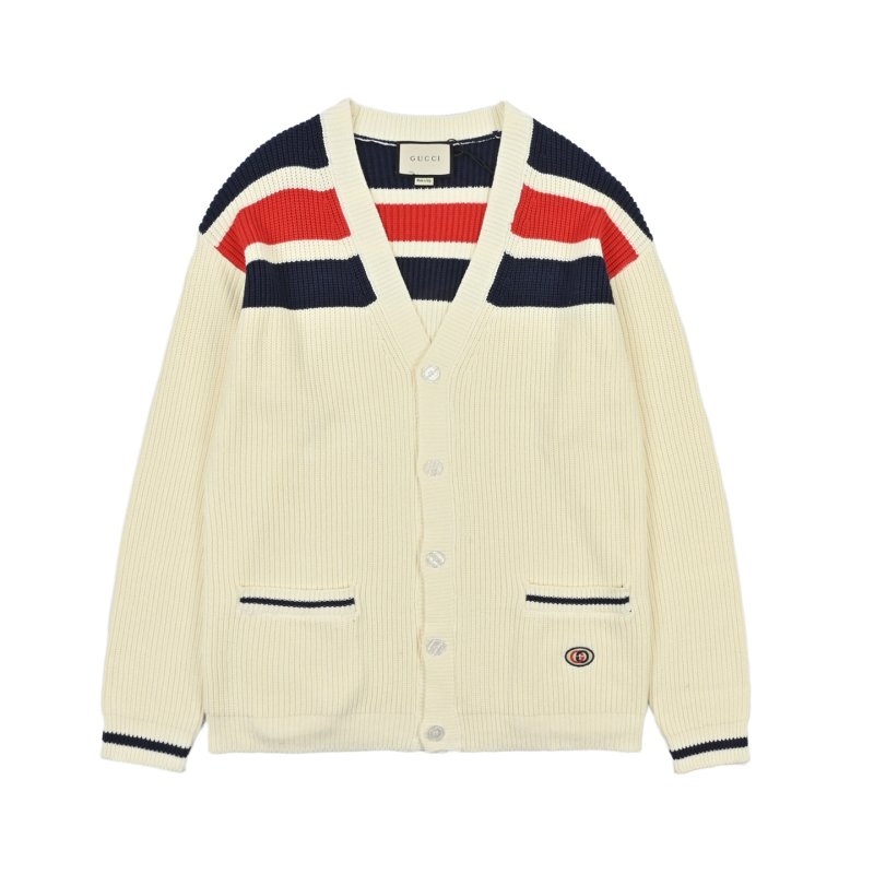 Gucci Cream Wool Cardigan with Red & Navy Stripes view