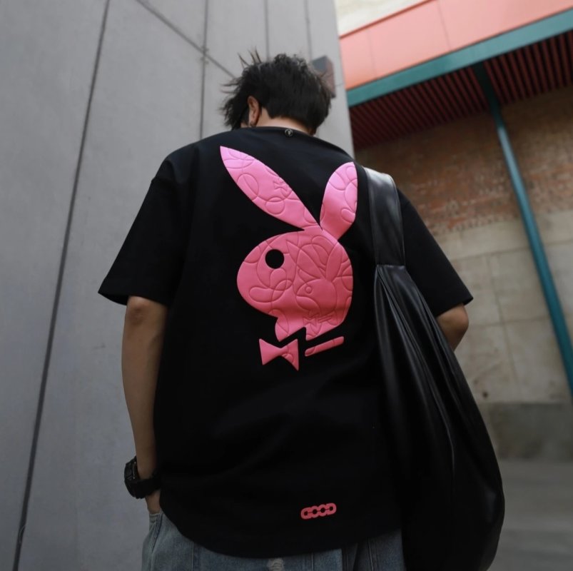 Black T-Shirt with Pink Rabbit Graphic Back Print
