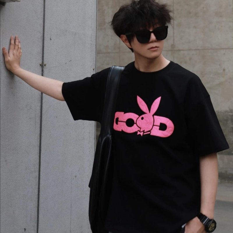 Black T-Shirt with Pink Rabbit Graphic Back Print view