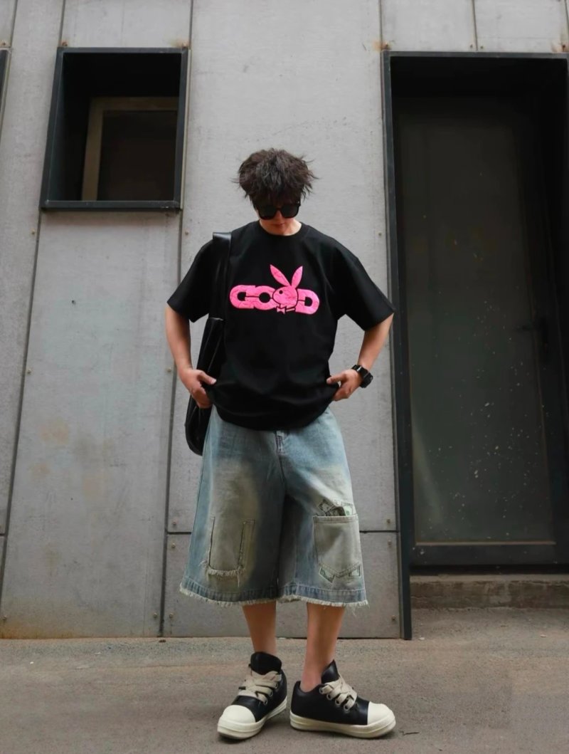 Black T-Shirt with Pink Rabbit Graphic Back Print view