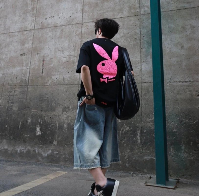 Black T-Shirt with Pink Rabbit Graphic Back Print view