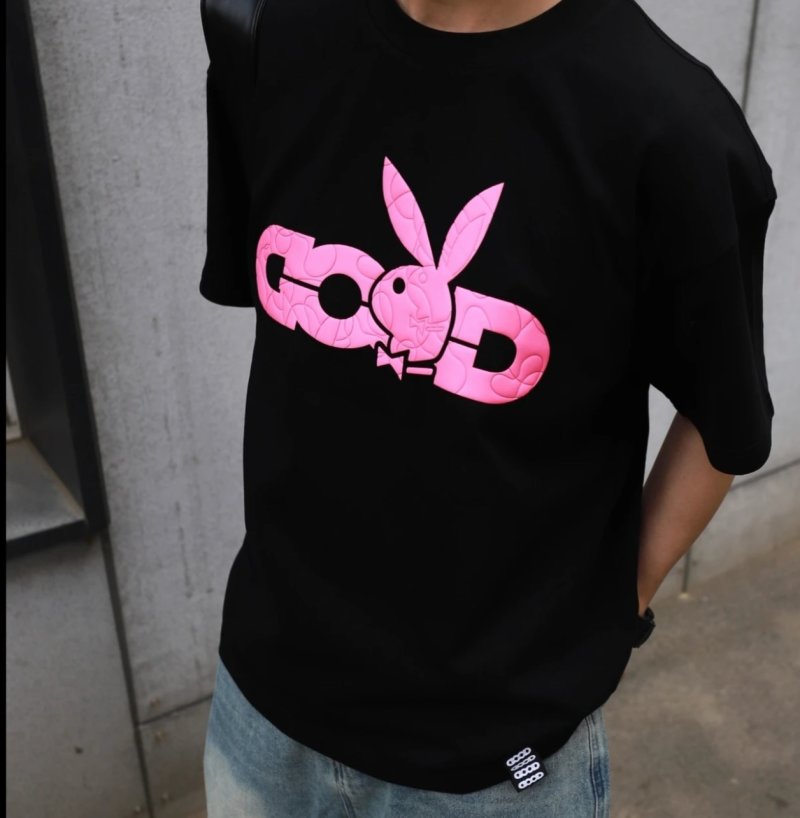 Black T-Shirt with Pink Rabbit Graphic Back Print view