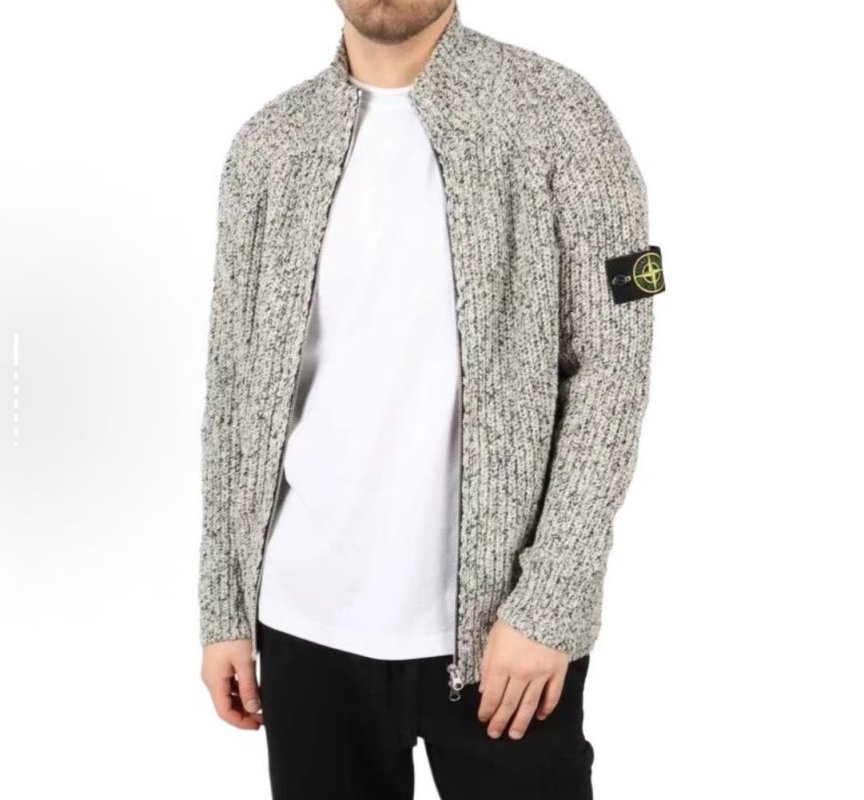 Stone Island Grey Ribbed Knit Zip Cardigan