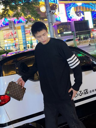Essentials Black Sweatshirt with White Striped Sleeve Detail view 3