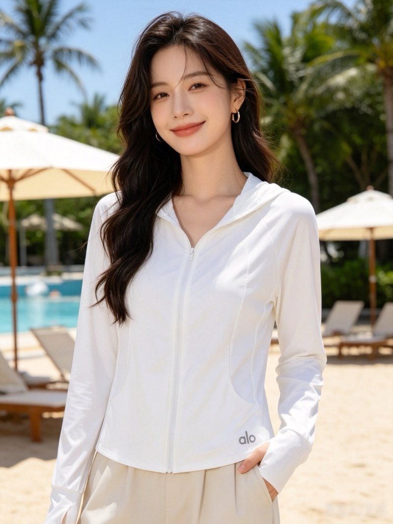 Alo White Zip-Up Hooded Sunshirt Jacket