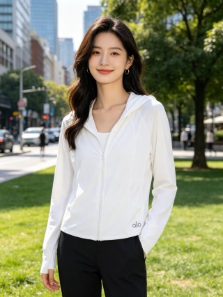 Alo White Zip-Up Hooded Sunshirt Jacket view 2