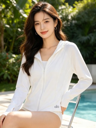 Alo White Zip-Up Hooded Sunshirt Jacket view 6
