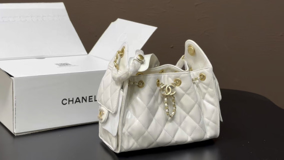 Chanel Quilted Bucket Bag White Gold Hardware