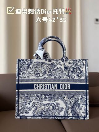 Dior Book Tote Bag Navy Toile Embroidered 42x35cm