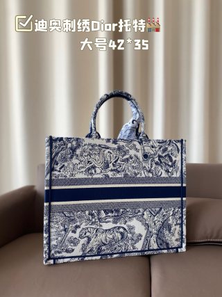 Dior Book Tote Bag Navy Toile Embroidered 42x35cm view 3
