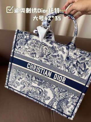 Dior Book Tote Bag Navy Toile Embroidered 42x35cm view 4