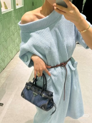 Prada Denim Top Handle Tote Bag Black view 2