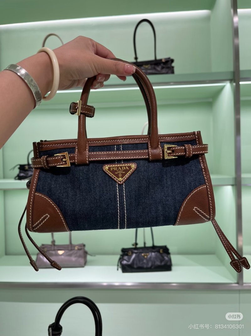 Prada Denim Top Handle Tote Bag Black view
